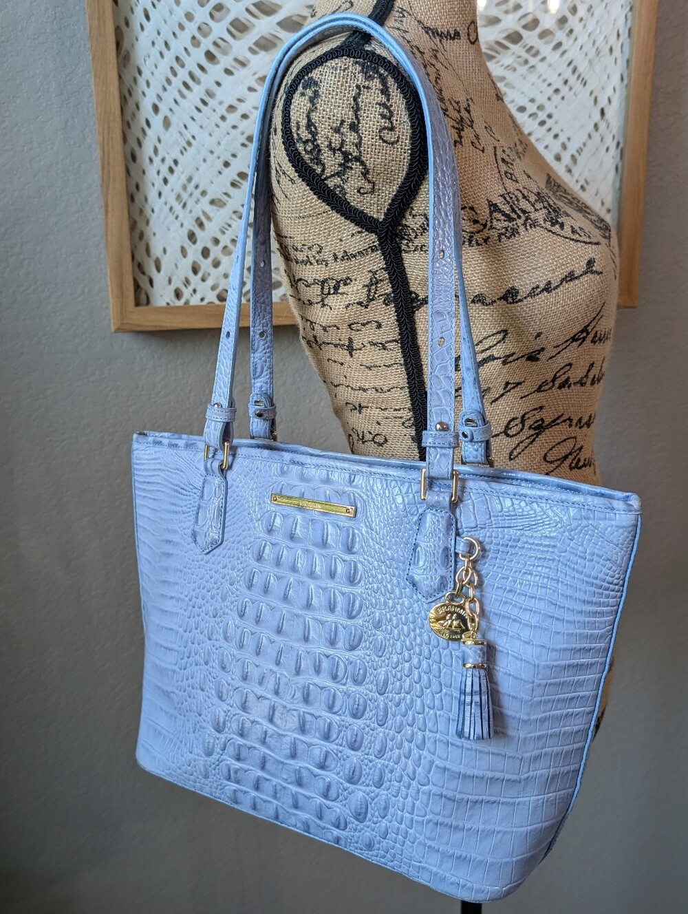 Brahmin Medium Asher Tote in Light Blue Croc-Embossed Tote Bag with Tassel Charm